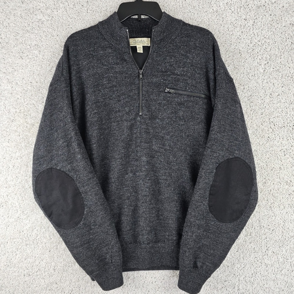 Cabela's Windshear 1/2 Zip Sweater Mens Medium Pullover 100% Wool Elbow‎ Patch